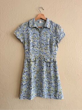 Light Blue Floral Midi Dress with Yellow and Navy Details